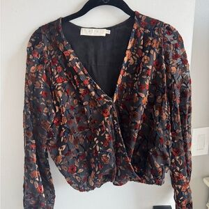 ASTR Black Floral Wrap Top with Red and Brown Accents